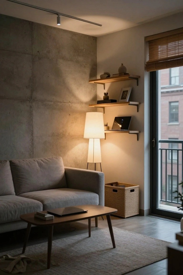 Modern living room with exposed concrete walls, floating wooden shelves holding books plants and a laptop, gray sofa, wooden coffee table, tall white floor lamp with double shade, track lighting on ceiling, and glass doors to balcony.