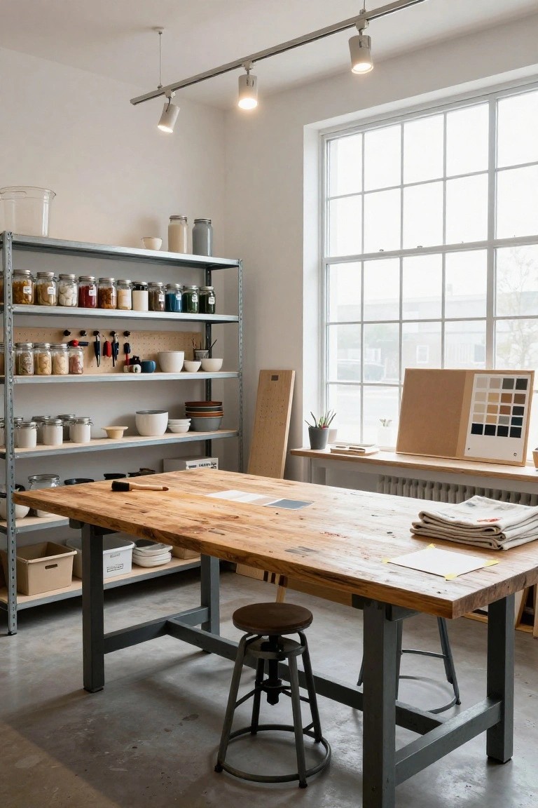 Workshop interior with overhead track lighting, metal shelving stocked with jars and ceramics, wooden workbench, swivel stools, and a window.