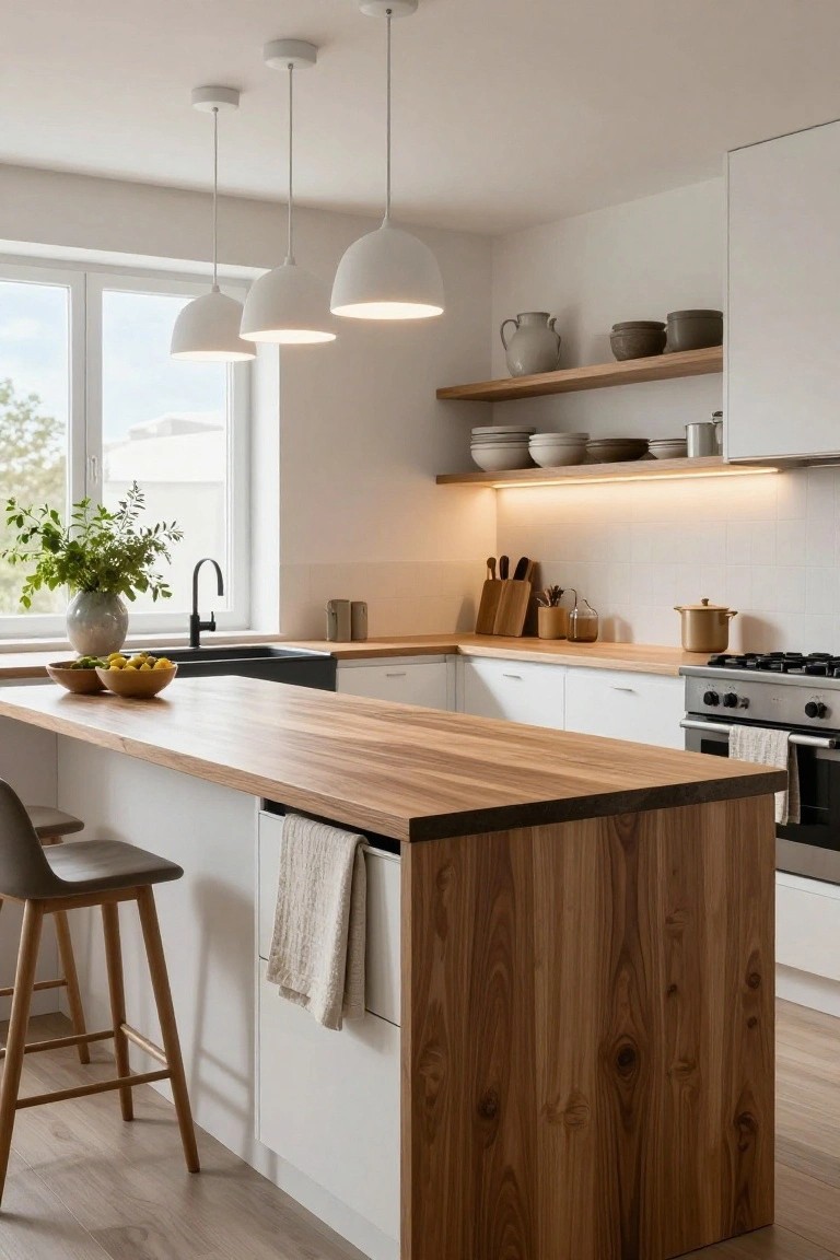 Modern white kitchen with oak wood island and countertops, open floating shelves displaying ceramics and lit from below by slim LED strips, three white pendant lights hanging above, black sink, and two stools at the island.