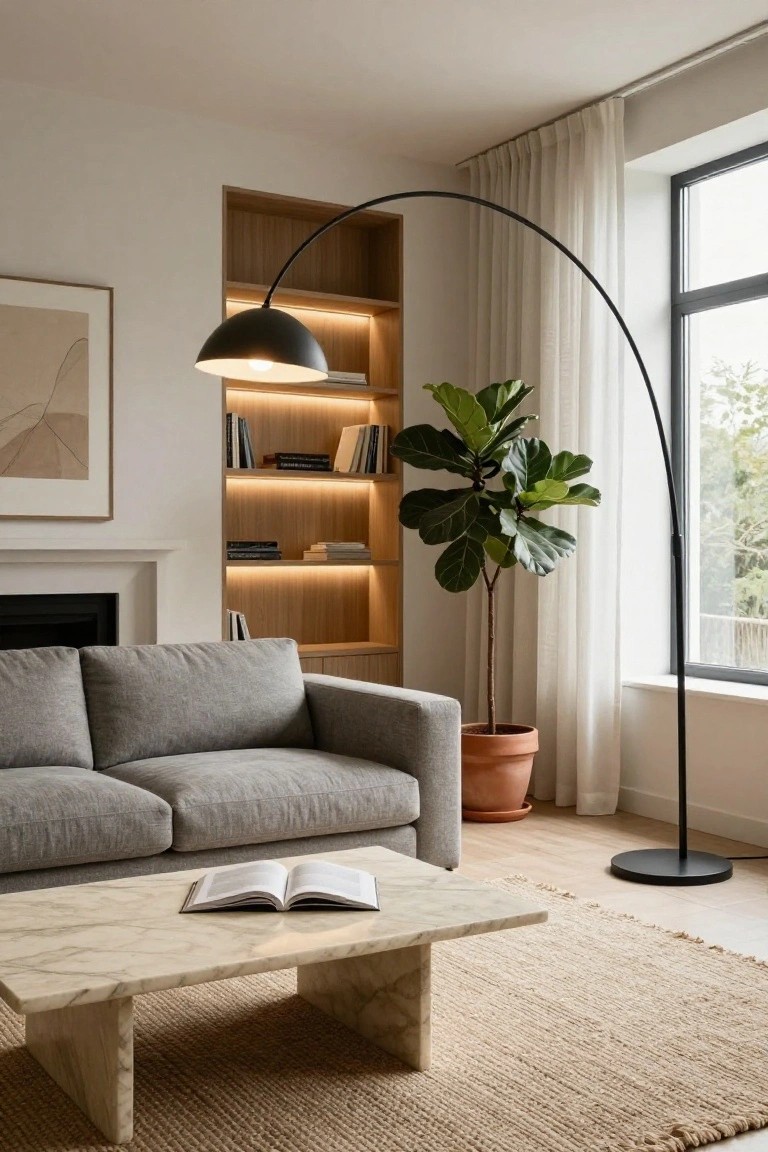 Modern living room with light gray L-shaped sofa, white-veined marble coffee table holding an open book, wooden built-in bookshelves with warm LED strip lighting, tall ficus plant in terracotta pot, black arc floor lamp, abstract beige wall art, gas fireplace, and large window with sheer white curtains.