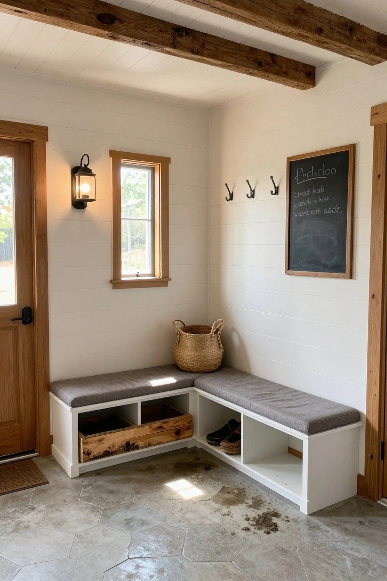 Mudroom interior with exposed wooden beams on white ceiling, glowing wall lantern, corner bench with gray cushion and storage cubbies, coat hooks, chalkboard, wooden door, small windows, and hexagonal polished concrete floor.
