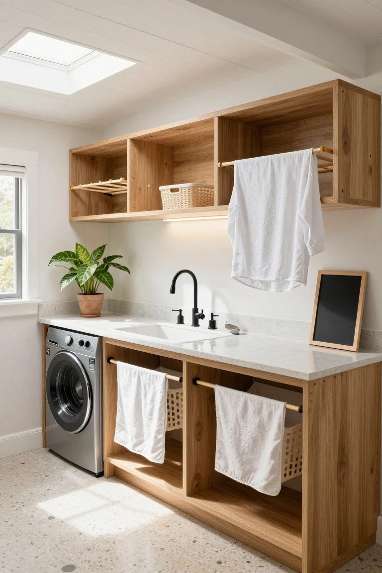 Laundry room interior with oak wood cabinets built around a front-loading washer, white quartz countertop and sink with black faucet, open shelves holding woven baskets, hanging white towels and shirt, potted green plant, chalkboard frame, skylight in white ceiling, and speckled terrazzo floor.
