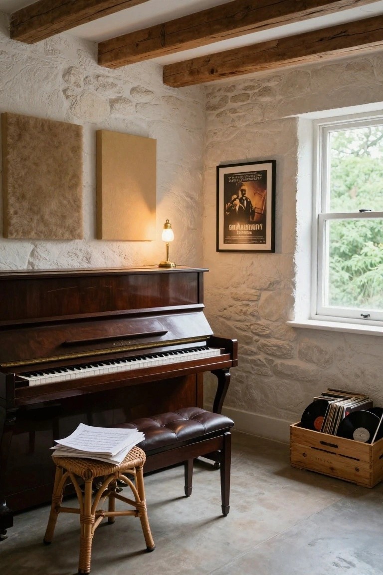 Interior room with exposed wooden ceiling beams, white stone walls, brown upright piano, woven stool with sheet music, leather bench, wooden crate of vinyl records, lit brass wall lamp, framed poster, and window showing green trees outside.
