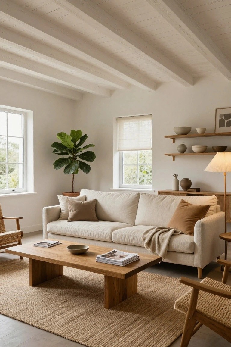 Living room with vaulted ceiling and exposed light wooden beams, white walls, large potted ficus tree by windows, beige linen sofa with pillows and throw, wooden coffee table, rattan chairs, floating shelves with pottery, and tall floor lamp with cream shade.