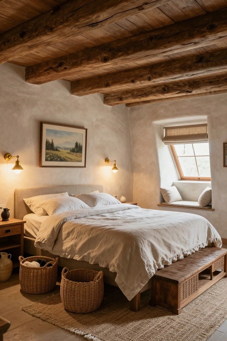 Bedroom interior with vaulted ceiling of exposed wooden beams, beige plaster walls, upholstered bed with white linens, lit brass wall sconces, painting of landscape, window seat, wooden bench, wicker baskets, and seagrass rug.
