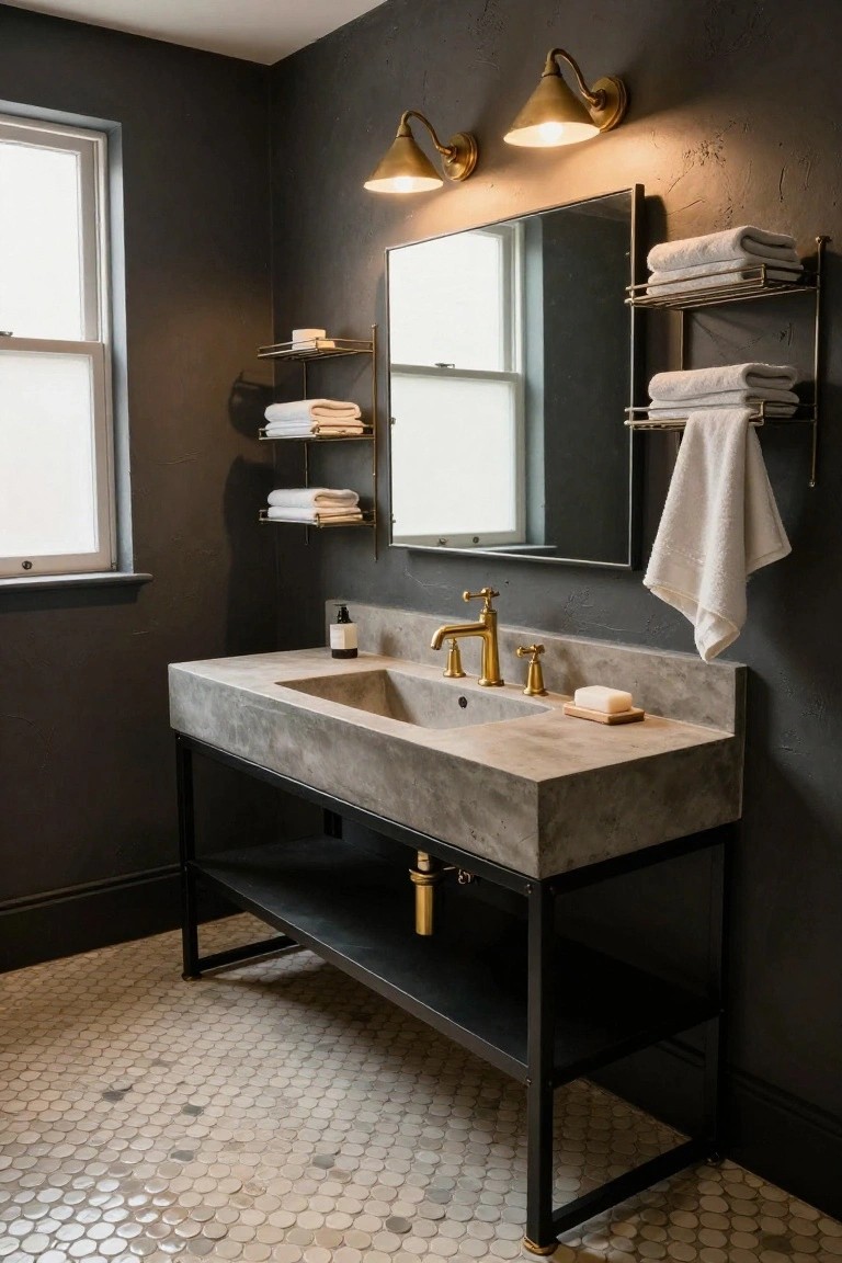 Bathroom with dark textured walls, concrete sink on black metal vanity stand, antique brass cross-handle faucet, rectangular mirror flanked by two conical brass sconces, white towels on metal racks, and white penny tile floor.
