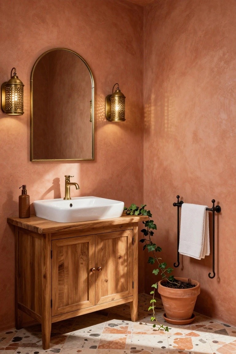 Bathroom corner with terracotta textured walls, arched gold-framed mirror flanked by two brass lantern wall sconces, wooden vanity cabinet holding white rectangular sink and gold faucet, black metal towel rack with white towel, ivy plant in terracotta pot, and terrazzo tile floor.