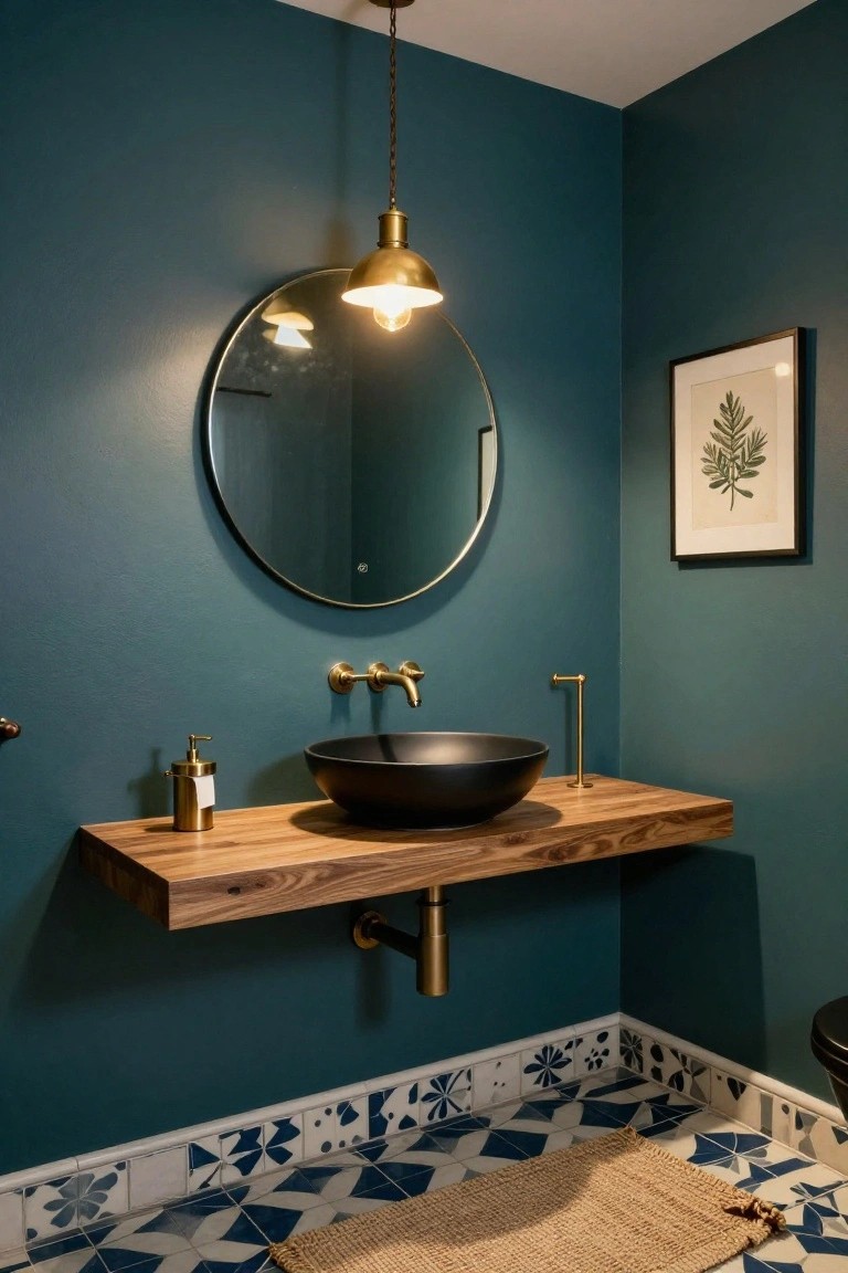 Corner bathroom with teal walls, floating wood vanity holding black vessel sink and brass faucet, round mirror under brass pendant light, gold soap dispenser, framed leaf print, and blue patterned tile baseboard with seagrass rug.