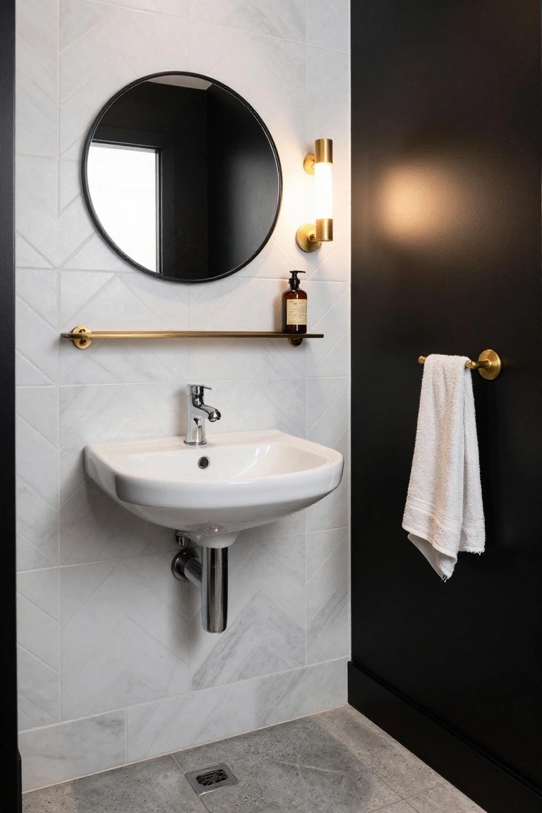 Bathroom corner with white chevron-patterned tiled walls, round black-framed mirror, brass tube sconce light with white diffuser, soap dispenser on brass shelf, white sink with chrome faucet, brass towel ring on black wall, and gray tile floor.