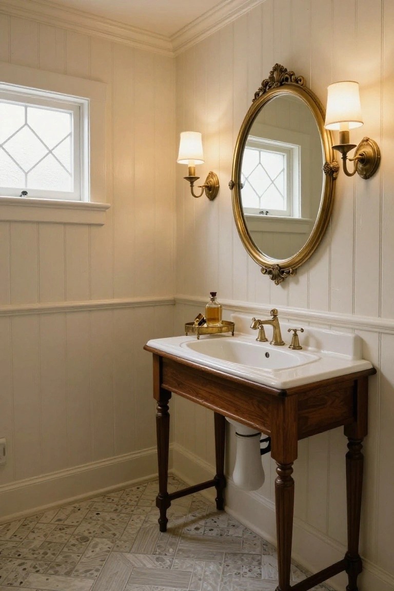 Small bathroom with white paneled walls, wooden vanity holding white sink, ornate gold oval mirror flanked by brass sconces with white shades, and gray patterned tile floor.