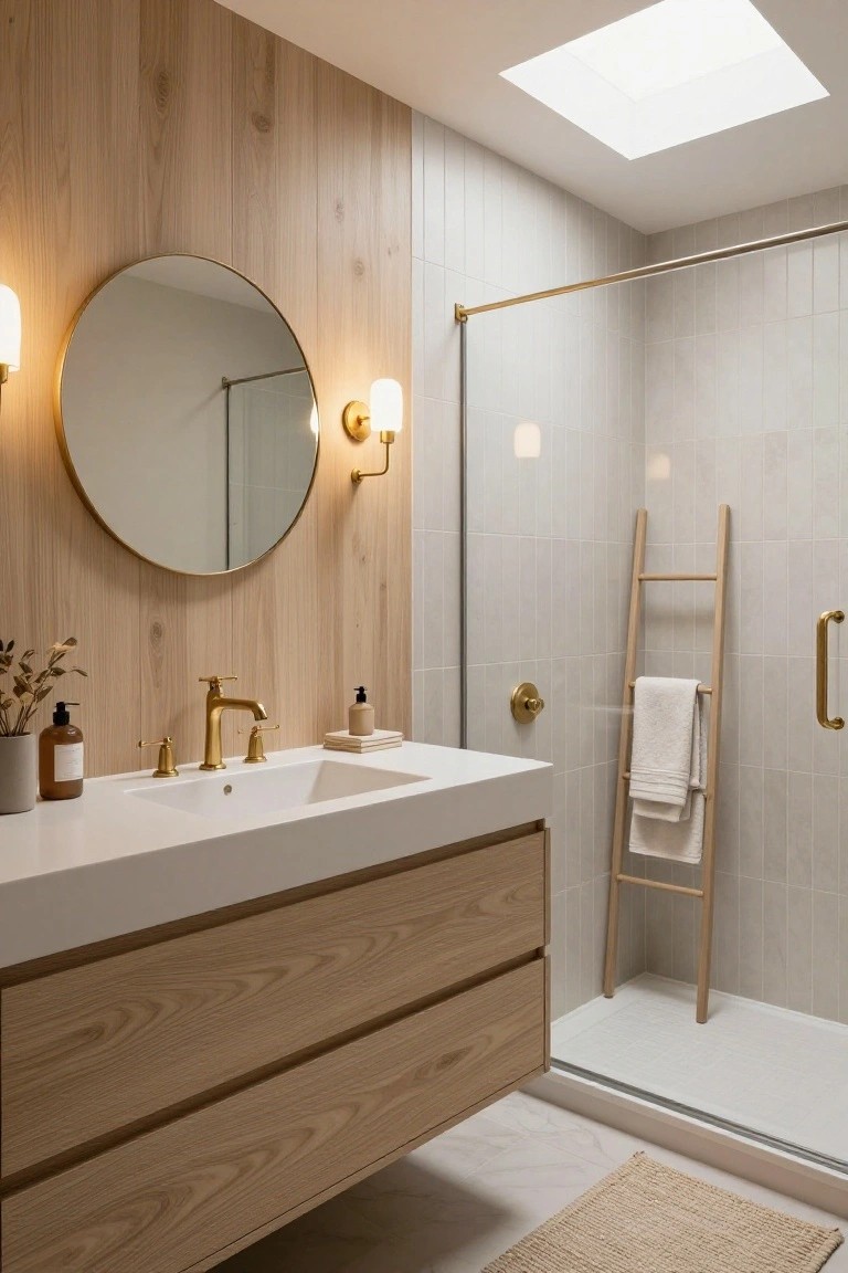 Modern bathroom interior with light wood accent wall, large round mirror flanked by two brass wall sconces, floating oak vanity with brass faucet and white sink, glass shower enclosure with gold hardware, and wooden ladder towel rack.