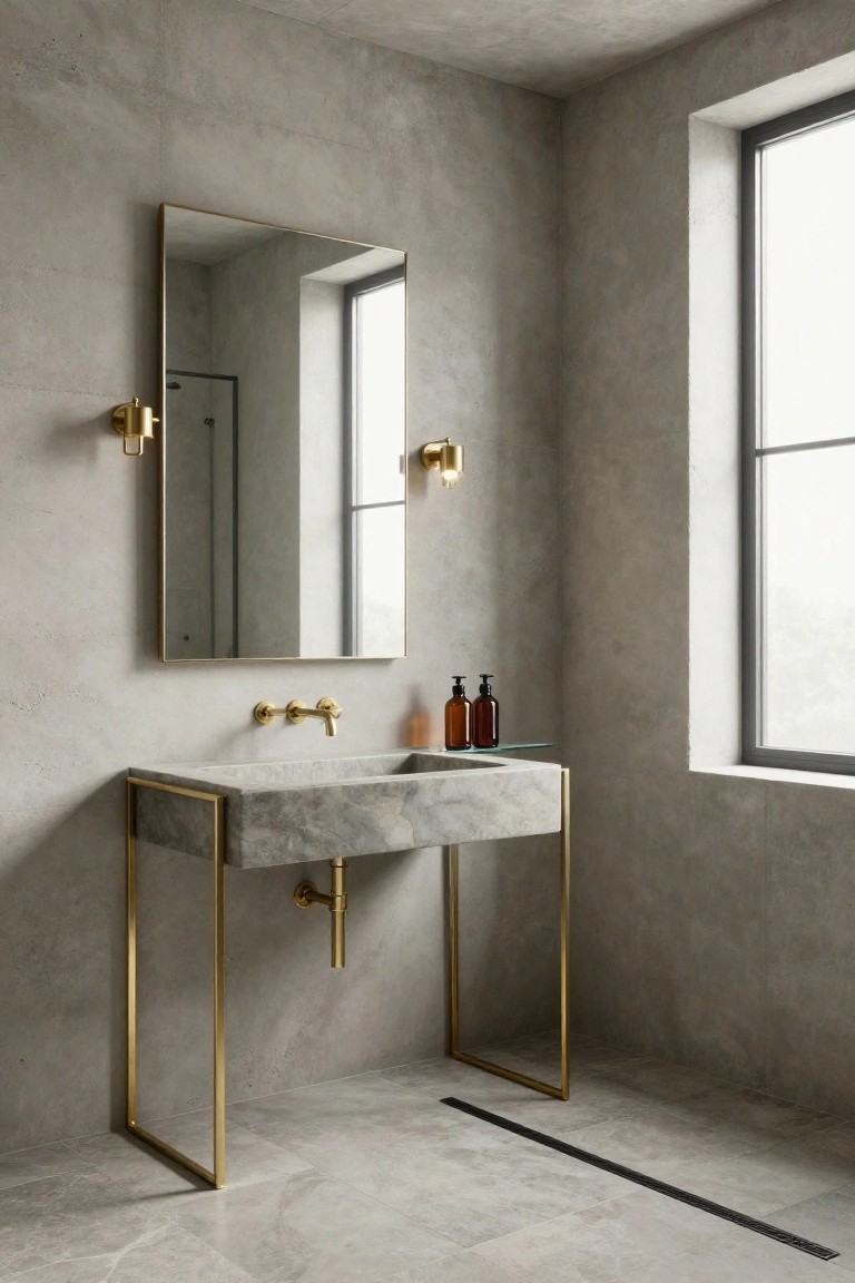 Minimalist bathroom with textured gray walls, rectangular gold-framed mirror, paired brass wall sconces, floating gray stone vanity on brass legs with brass faucet, nearby shower enclosure, and large window.