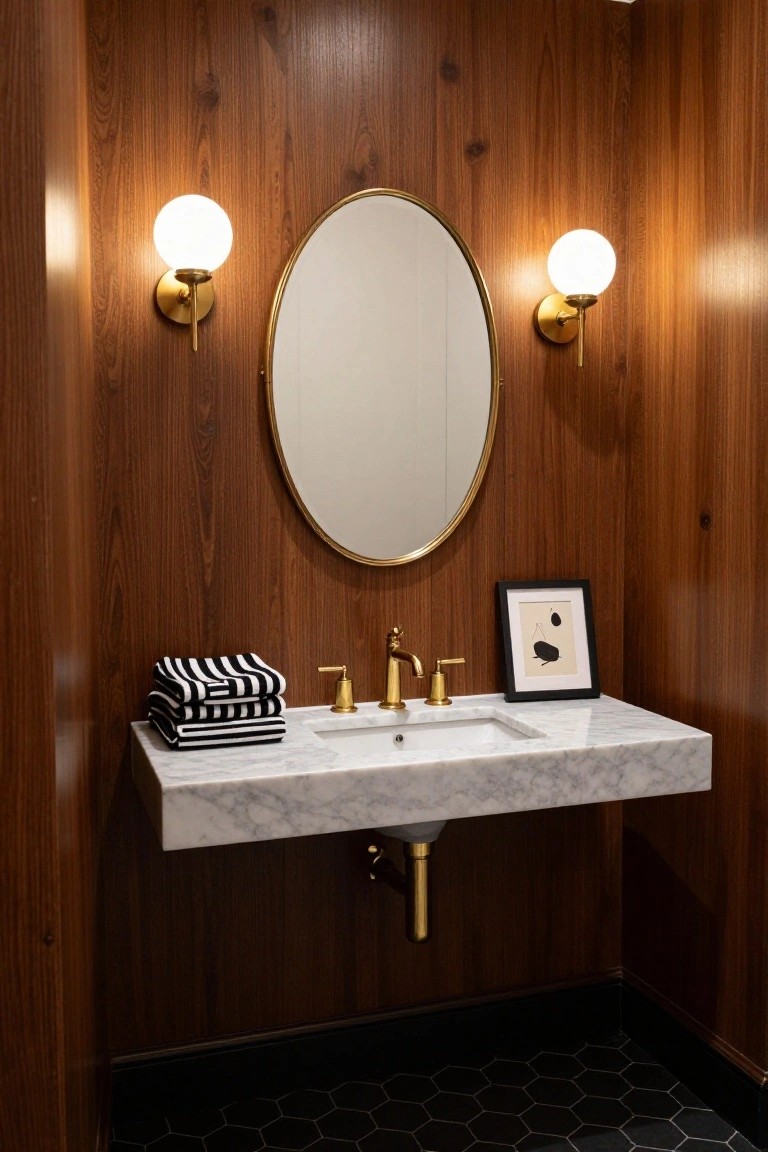Wood-paneled bathroom vanity with floating white marble sink, gold brass faucet and handles, stacked black-and-white striped towels, small black-framed artwork, oval gold-framed mirror flanked by two gold brass wall sconces with white globe shades, and black hexagonal floor tiles.