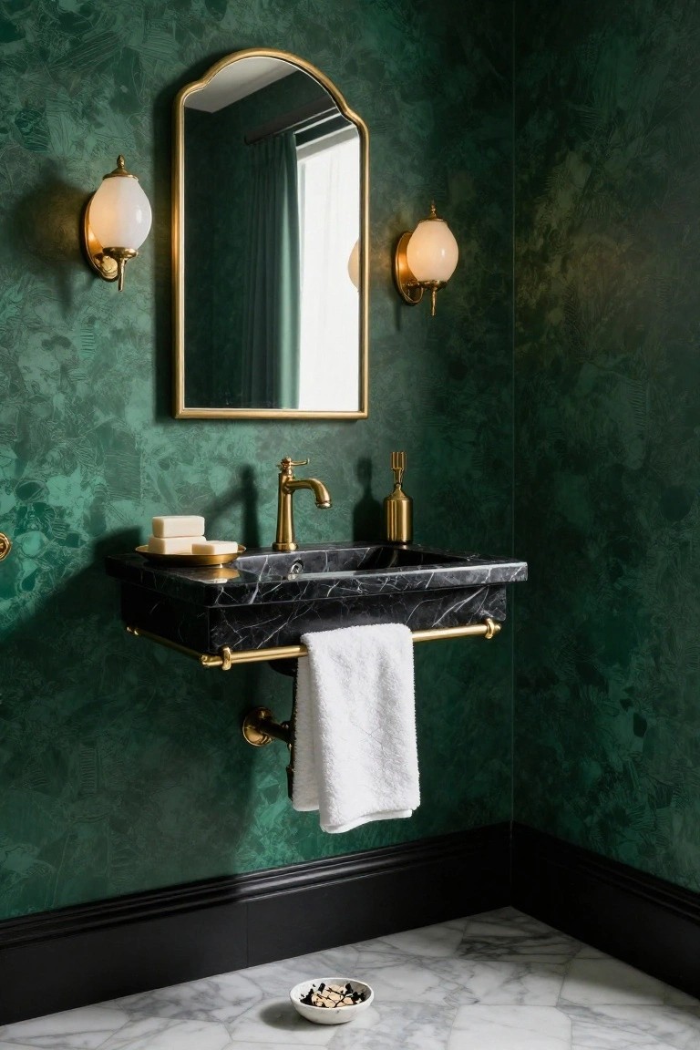 Bathroom corner with textured emerald green walls, gold arched mirror flanked by two brass wall sconces with white globe shades, black marble wall-mounted sink with gold faucet and towel bar on gold rail, white marble hexagonal tile floor.