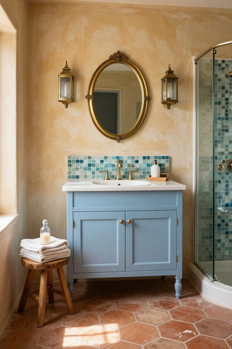 Bathroom interior featuring a blue wooden vanity with white sink and brass faucet under a gold-framed oval mirror flanked by two brass lantern wall sconces, blue mosaic tile backsplash, glass shower enclosure with blue tiles, stacked white towels on a wooden stool, and terracotta hexagonal floor tiles on yellow walls.