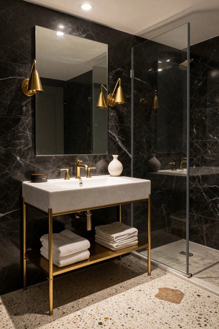A bathroom with black marble walls, large frameless mirror, paired brass cone-shaped wall sconces, white stone vanity on gold metal legs with folded towels, and glass shower enclosure on terrazzo floor.