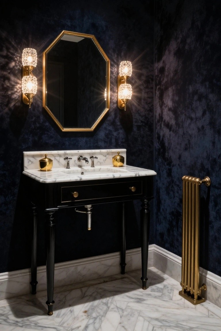 Navy velvet-textured walls in a small bathroom with black wood vanity topped by white marble, gold-handled faucets, brass soap dishes, octagonal gold mirror flanked by two crystal-covered brass sconces, and tall gold radiator on white marble tile floor.