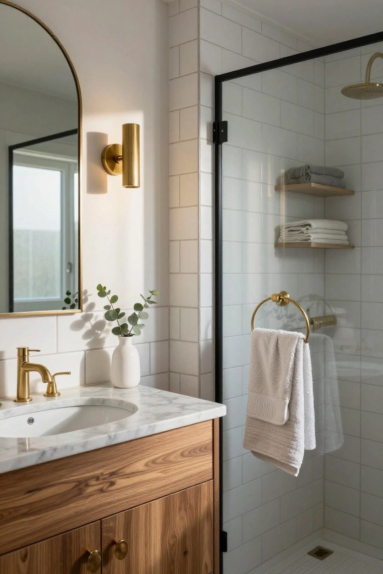 Modern bathroom interior with arched gold-framed mirror, brass wall-mounted sconce light, white marble oval sink with gold faucet, wood vanity cabinet, glass shower enclosure with white subway tile walls, gold towel ring holding a towel, and floating wood shelves with folded towels.