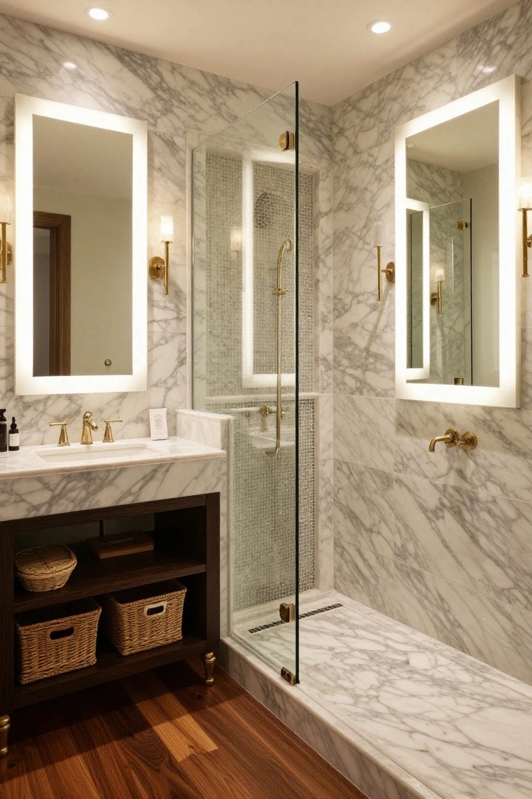 A luxurious bathroom with white marble walls, floors, and vanity top, dark wood vanity cabinet on legs, glass shower enclosure with gold fixtures, backlit mirrors, and brass wall sconces.