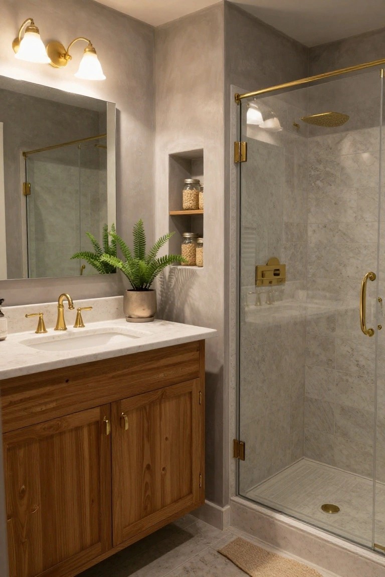 Modern bathroom with wooden vanity cabinet, white quartz countertop, gold brass faucet and sconces flanking a large mirror, glass shower enclosure with brass hardware, potted fern plant, niche shelves with jars, and textured gray walls.