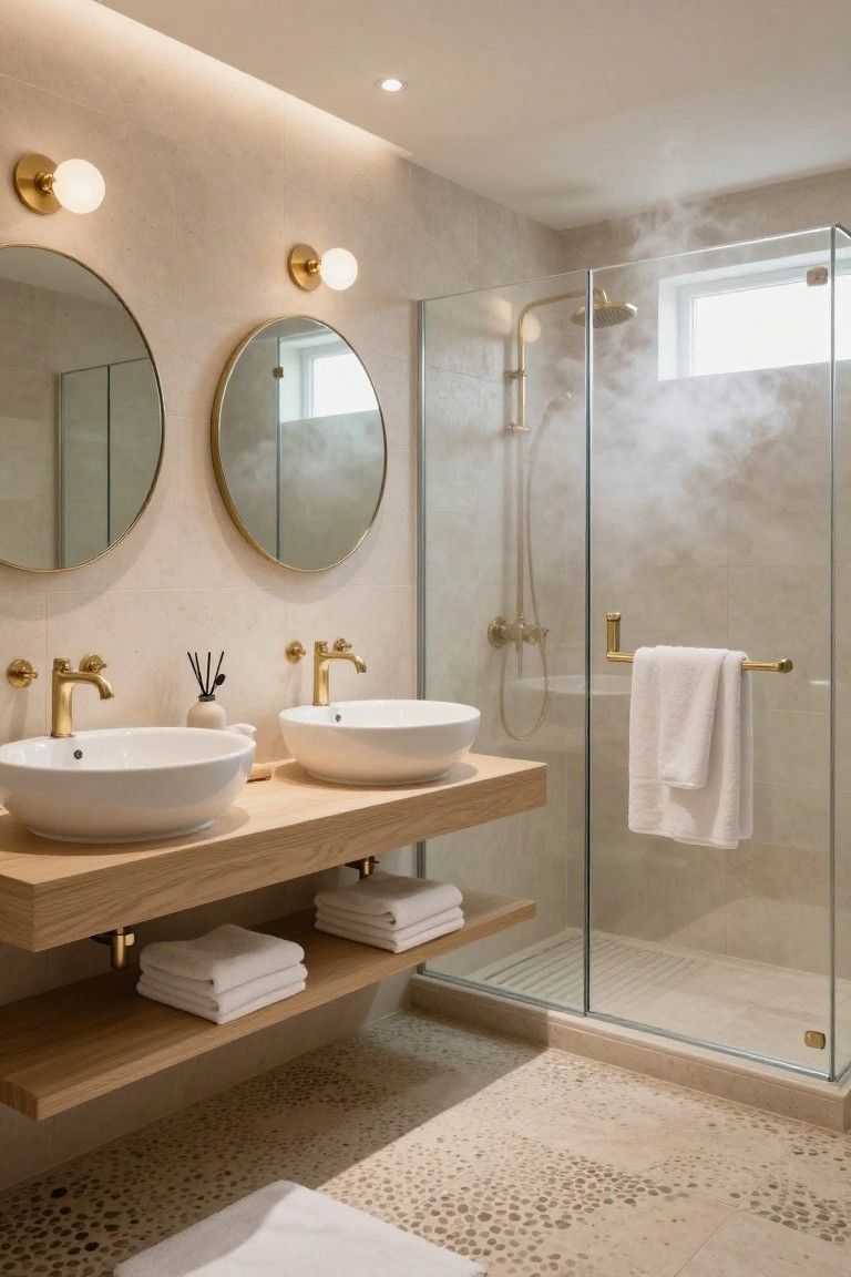 Modern bathroom interior with beige pebble tile floor, light stone walls, oak floating vanity holding two white vessel sinks with brass faucets, two large round gold-framed mirrors flanked by brass globe wall sconces, and a glass shower enclosure with brass fittings and steam.