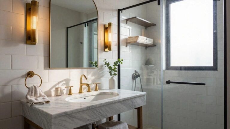 Modern bathroom interior with arched gold-framed mirror, brass wall-mounted sconce light, white marble oval sink with gold faucet, wood vanity cabinet, glass shower enclosure with white subway tile walls, gold towel ring holding a towel, and floating wood shelves with folded towels.