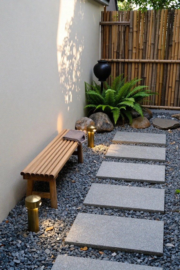 A wooden slat bench next to irregular gray stone slabs set into dark gravel path in a garden with brass lanterns, ferns, rocks, black pot, white wall, and bamboo fence.