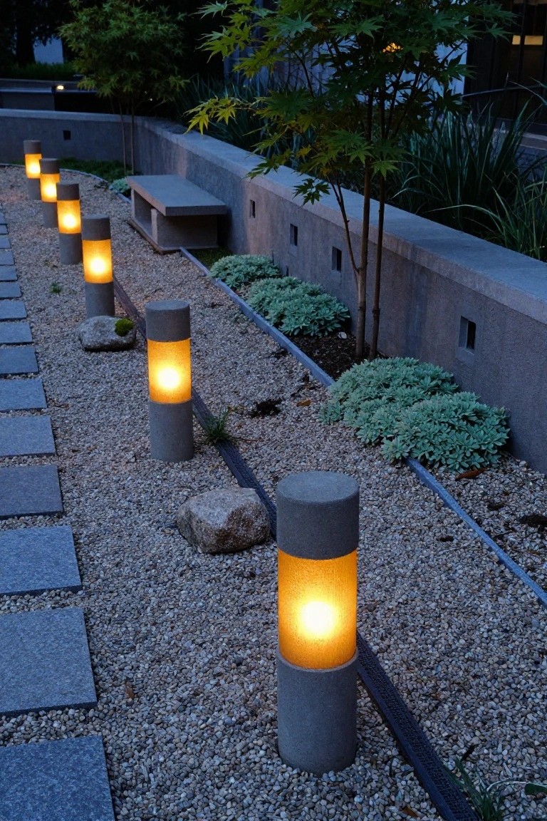 Row of tall gray concrete bollard lights with warm yellow glowing tops along a gravel path with dark stepping stones, rocks, low plants, and a bench beside a concrete wall at dusk.