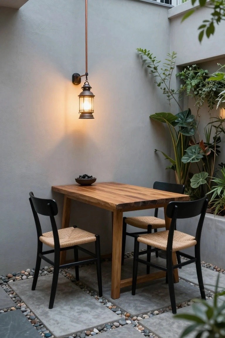 A small wooden dining table with black chairs featuring rattan seats on a concrete patio edged with pebbles, lit by a copper wall-mounted lantern, surrounded by potted plants against gray walls under a glass roof.