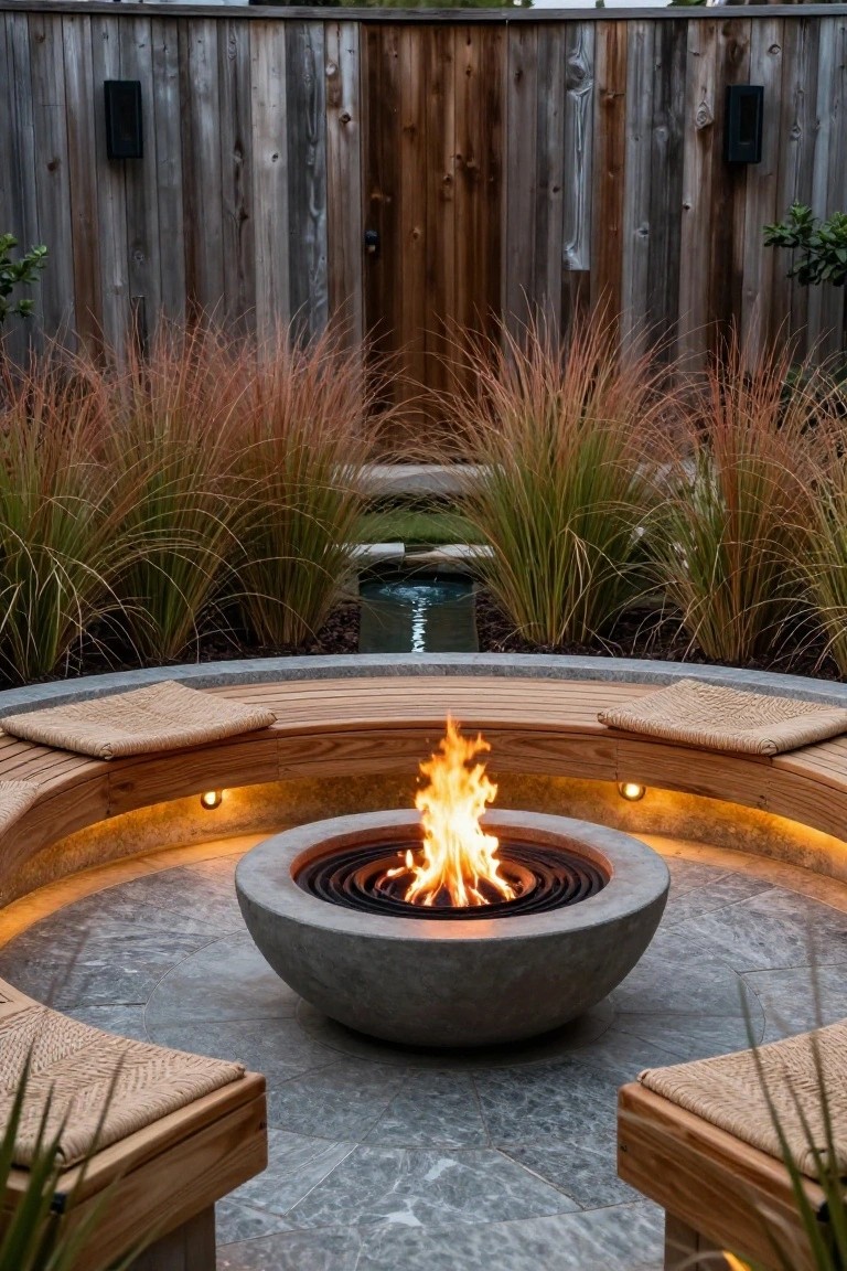 Outdoor fire pit area with a large gray concrete bowl containing flames, surrounded by a curved wooden bench with woven cushions and underlighting, flanked by tall ornamental grasses on a gray stone patio with wooden fence backdrop.
