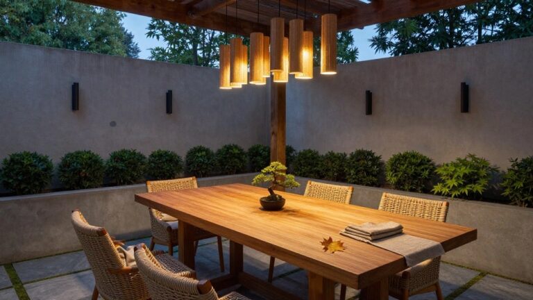 24 Modern Japandi Outdoor Lighting Designs For Natural Warmth Wooden pergola with glass roof covers an outdoor dining area featuring a rectangular teak table, rattan chairs with cushions, a bonsai tree centerpiece, five hanging cylindrical pendant lights, potted plants, and a white stucco wall with a wall sconce.