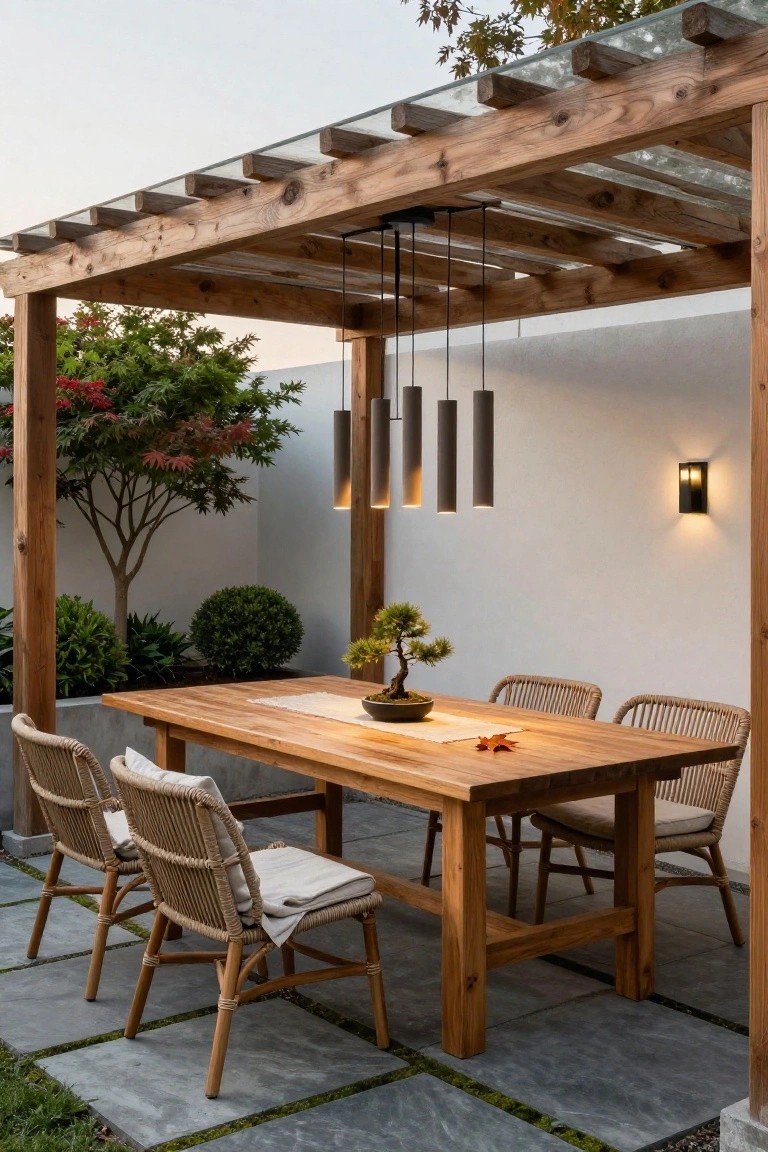 Wooden pergola with glass roof covers an outdoor dining area featuring a rectangular teak table, rattan chairs with cushions, a bonsai tree centerpiece, five hanging cylindrical pendant lights, potted plants, and a white stucco wall with a wall sconce.