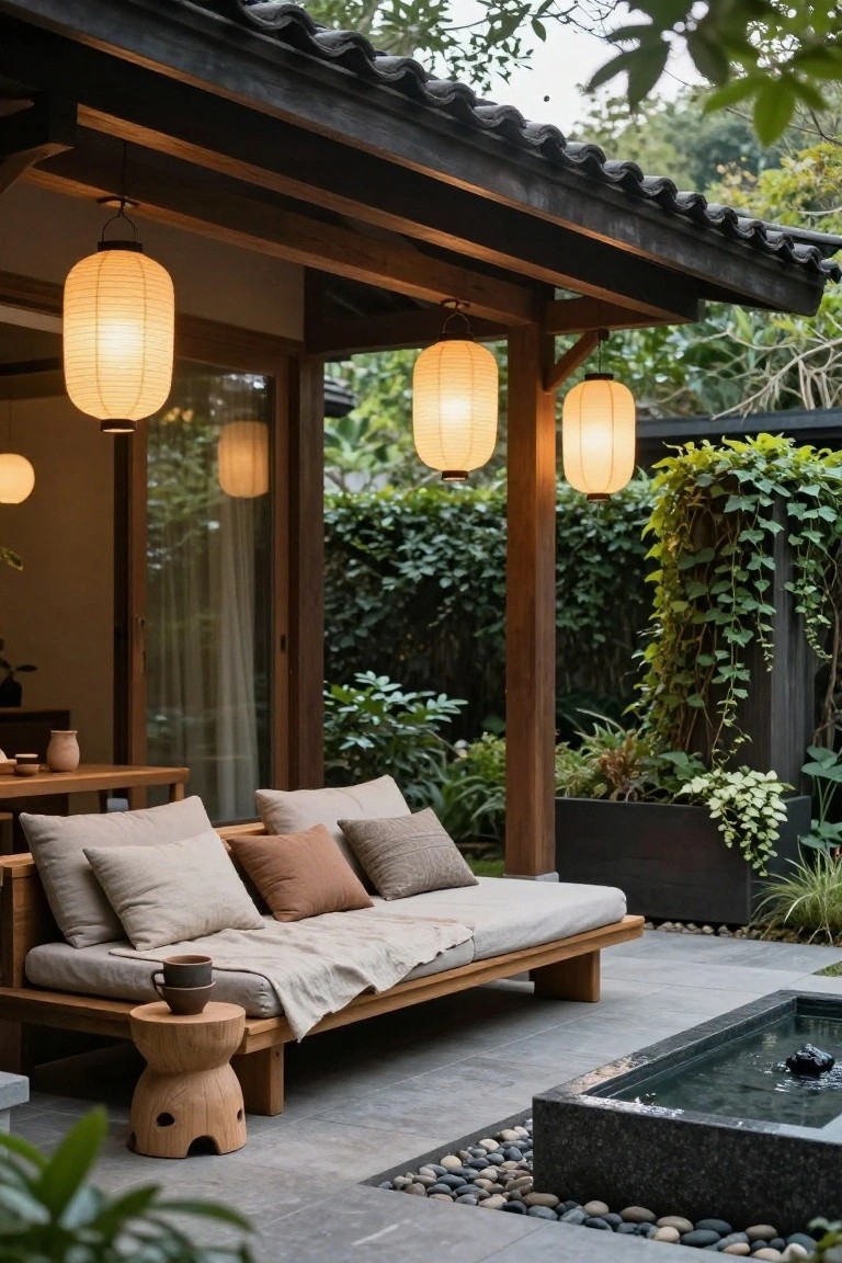 Covered wooden porch with hanging white paper lanterns, low daybed with beige cushions and throw, wooden stool with ceramic mug, small water feature, and surrounding plants and greenery.