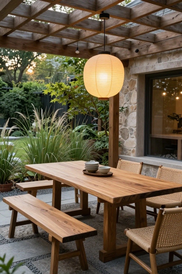 Wooden pergola-covered patio with a long dining table, benches, and rattan chairs on stone pavers, lit by a large hanging white paper lantern, surrounded by greenery and stone walls.