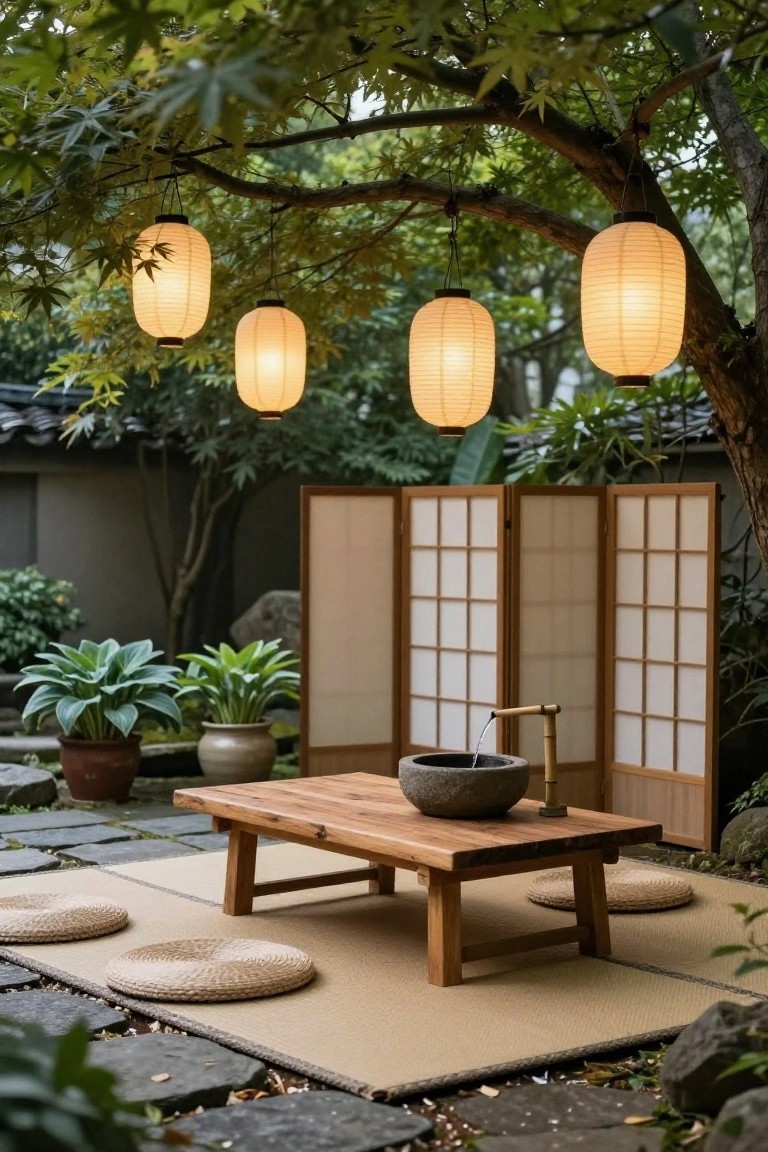 Outdoor courtyard with low wooden table on tatami mat, zabuton cushions, stone water basin with bamboo spout, potted plants, rocks, shoji screens, and white paper lanterns hanging from overhead tree branches.