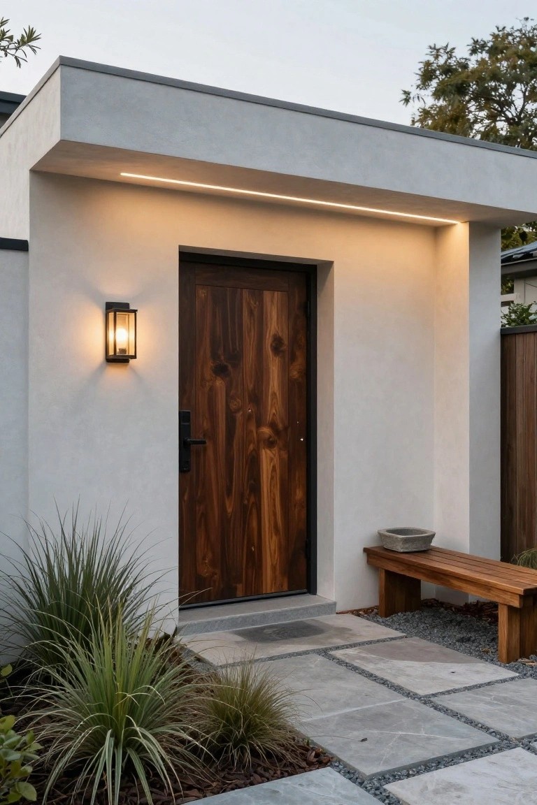 Modern house entryway with white stucco wall, dark walnut wood door, linear LED light strip in overhang above door, black wall lantern to the side, wooden bench, stone paver path, and grasses in gravel bed.