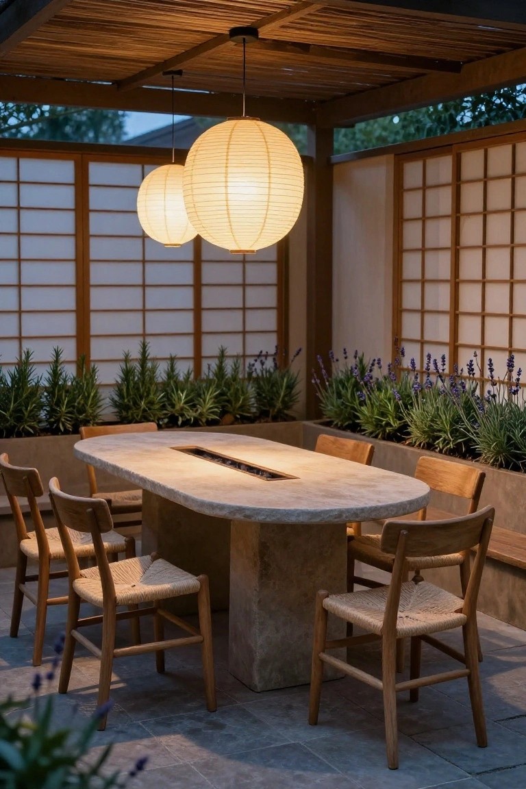 Outdoor dining table with central fire feature under wooden pergola, lit by two hanging white paper lanterns, surrounded by potted lavender and dracaena plants against shoji screens and wooden chairs on stone tile floor.