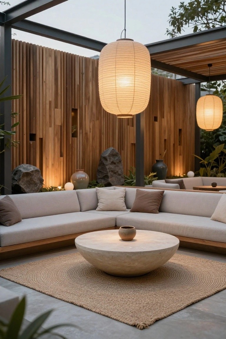 Covered outdoor patio with L-shaped beige sofa, round white stone coffee table, three hanging white paper lanterns, vertical wooden slat screens, large rocks, ceramic pots, and tropical plants on a tiled floor.
