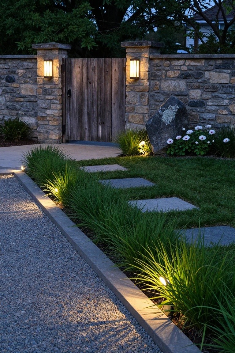 Nighttime view of a gravel driveway edged with tall ornamental grasses lit by uplights, bordered by a concrete curb, with a stone wall featuring a wooden gate flanked by pillar lanterns, lawn areas, and stepping stone path.