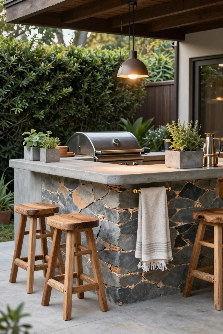Outdoor kitchen under a wooden pergola with concrete countertop, built-in stainless steel grill, potted herbs, wooden bar stools, hanging gray pendant light, and surrounding greenery.