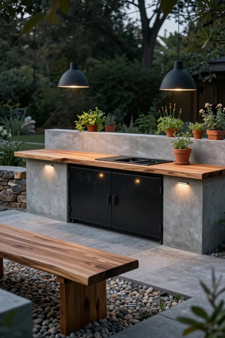 Outdoor kitchen built into a concrete wall with wooden countertop, double gas burners, sink, black cabinets, hanging black pendant lights, potted herbs, wooden bench on tiled patio with gravel edging and surrounding greenery.
