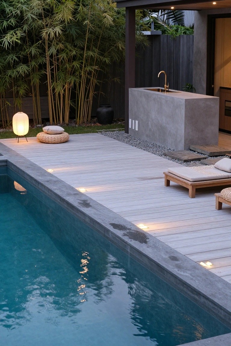 Outdoor pool deck with white wood planks featuring recessed LED lights along the edge, two teak loungers with cushions, concrete pool border, nearby outdoor bar sink with gold faucet, black pots, bamboo plants, and a lit paper lantern on gravel.