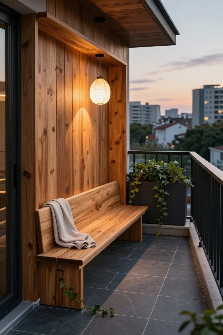 Wooden bench on a balcony with draped gray blanket, illuminated by hanging paper lantern light against cedar wall panels, ivy plant in black pot, black metal railing, dark tile floor, and city buildings at dusk.