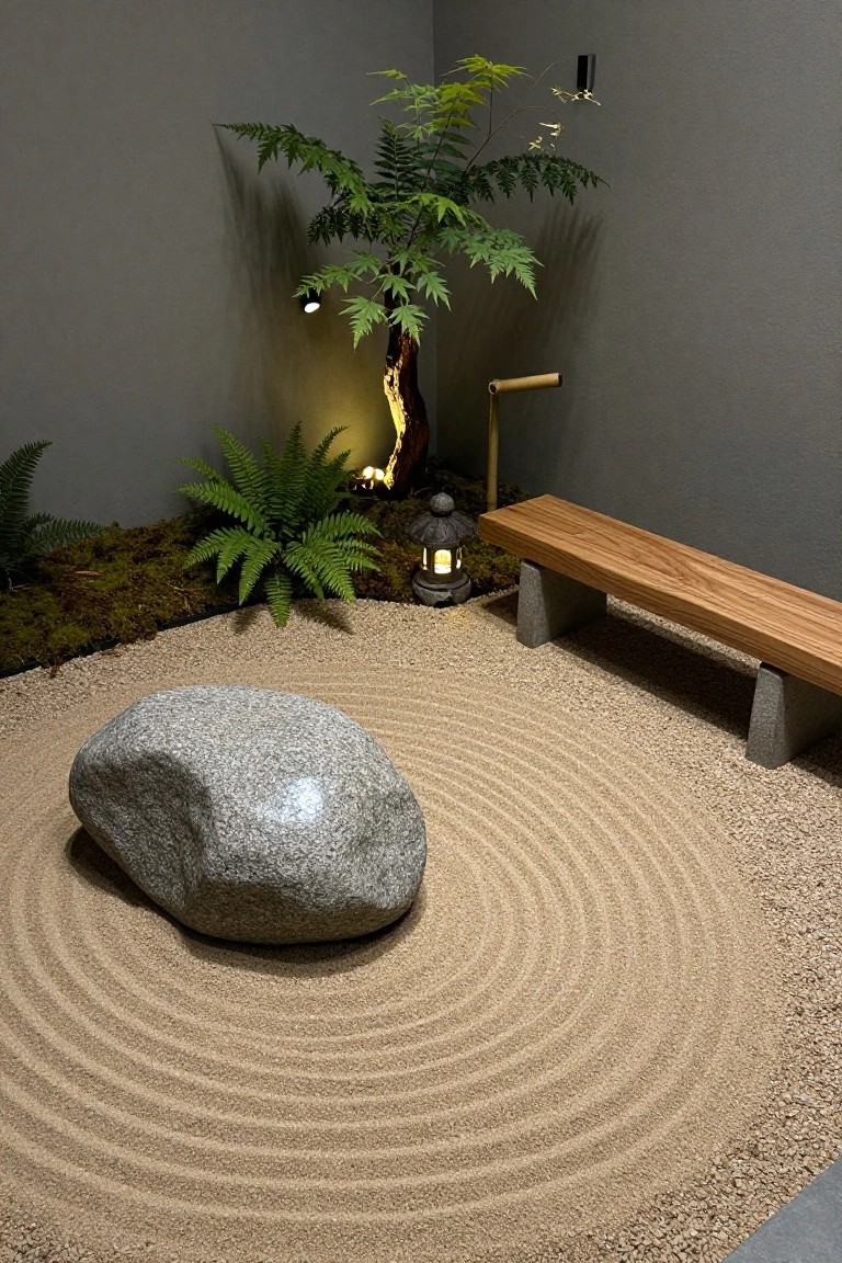 Zen garden with raked sand, large stone, wooden bench, and maple tree.