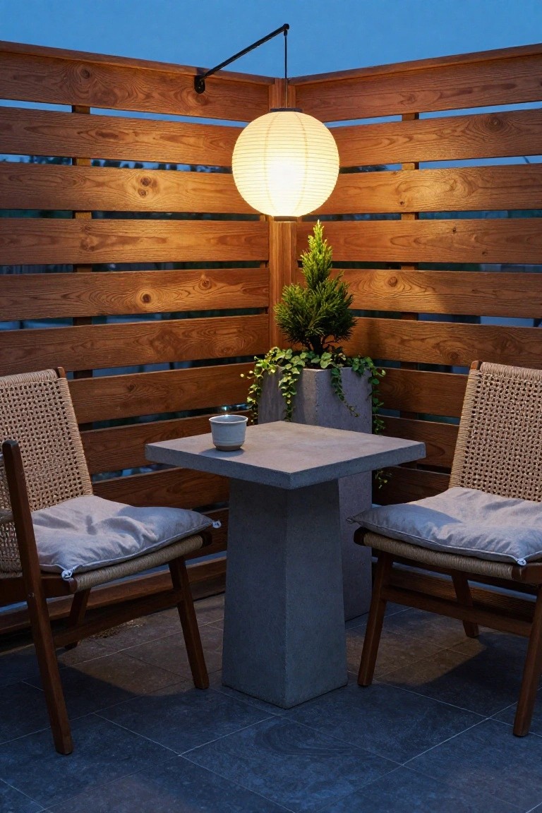 Outdoor terrace seating area with two rattan chairs around a square concrete table holding a white teacup, wooden slat fencing, potted ivy and conifer plants, and a glowing white paper lantern on a black wall arm against a twilight sky.