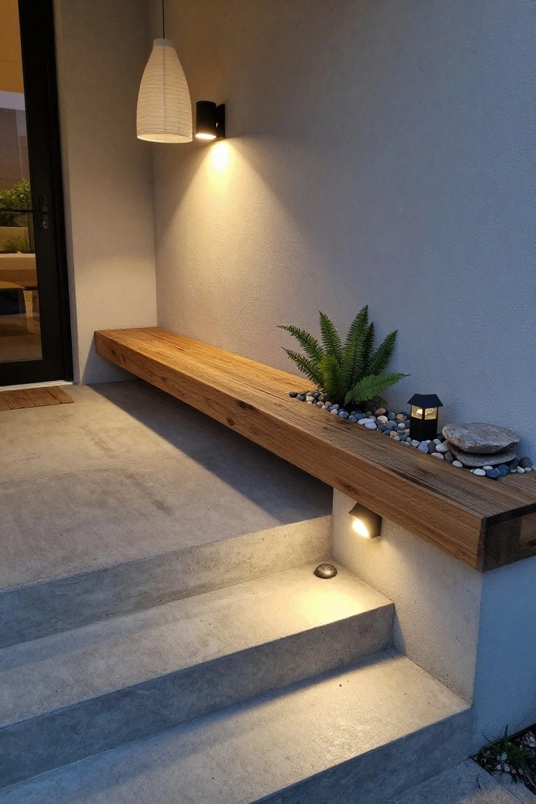 Cantilevered wooden bench on a rendered wall above concrete entry steps, with ferns, pebbles, rocks, and small lanterns on the bench, illuminated by pendant lamp, wall sconces, and low-level lights next to a glass door.
