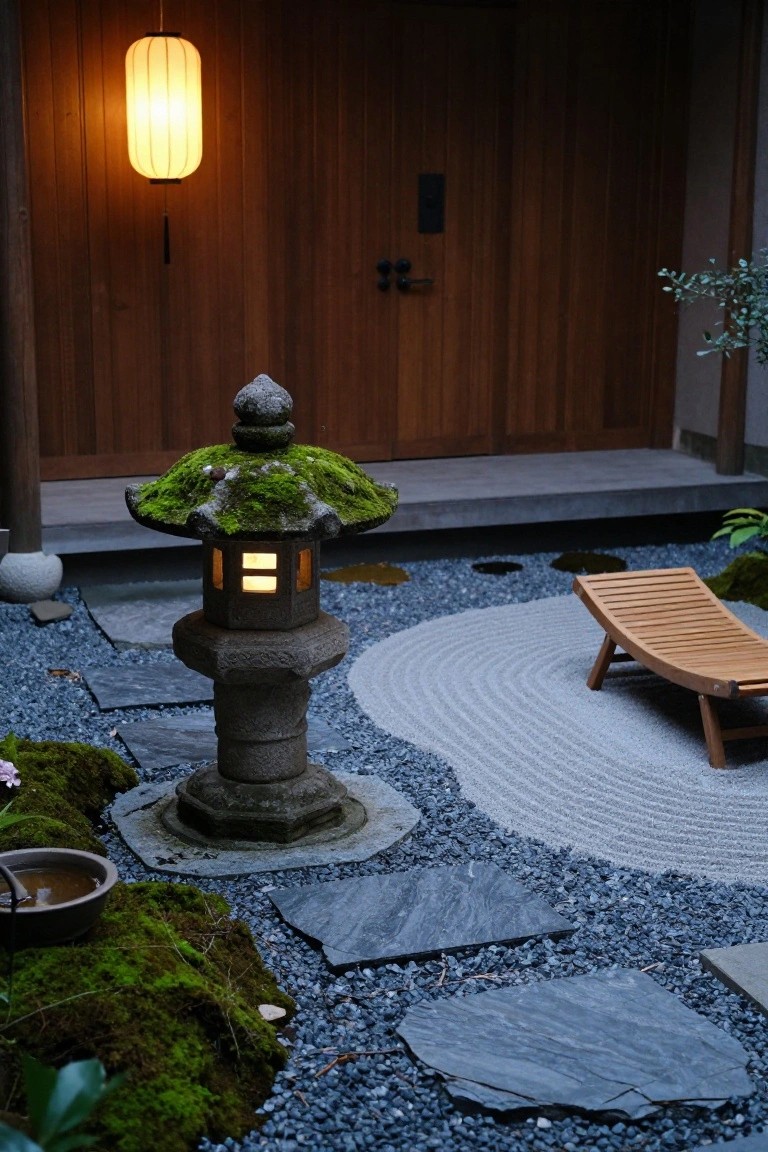 Moss-covered stone lantern with internal warm light in a gravel zen garden featuring raked circular patterns, stepping stones, mossy plants, a wooden lounge chair, and wooden house door with hanging lantern nearby.