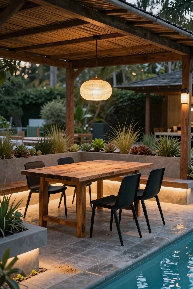 Wooden dining table with four black chairs on a patio under a bamboo pergola with a hanging white paper lantern, surrounded by potted plants and succulents next to an in-ground pool at dusk.