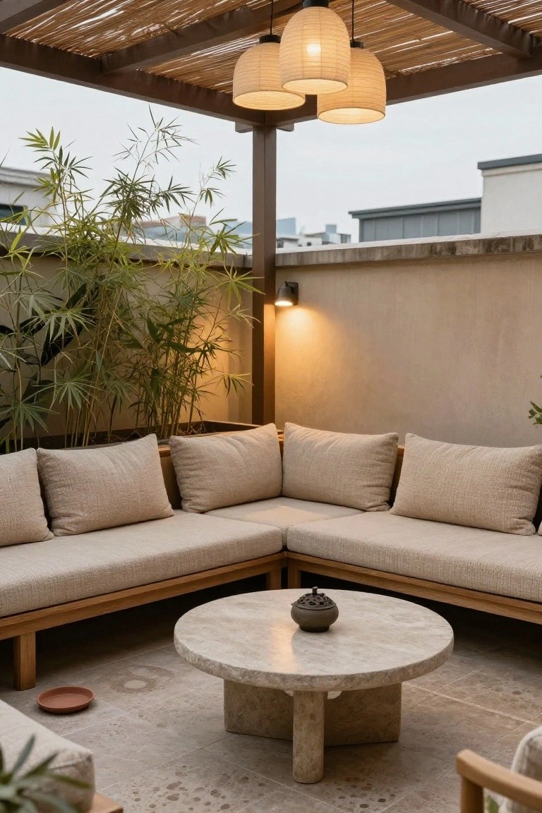Covered outdoor terrace featuring an L-shaped beige sofa, round stone coffee table with incense burner, potted bamboo plants, hanging paper lanterns, wall-mounted light, and terracotta saucer on travertine flooring.