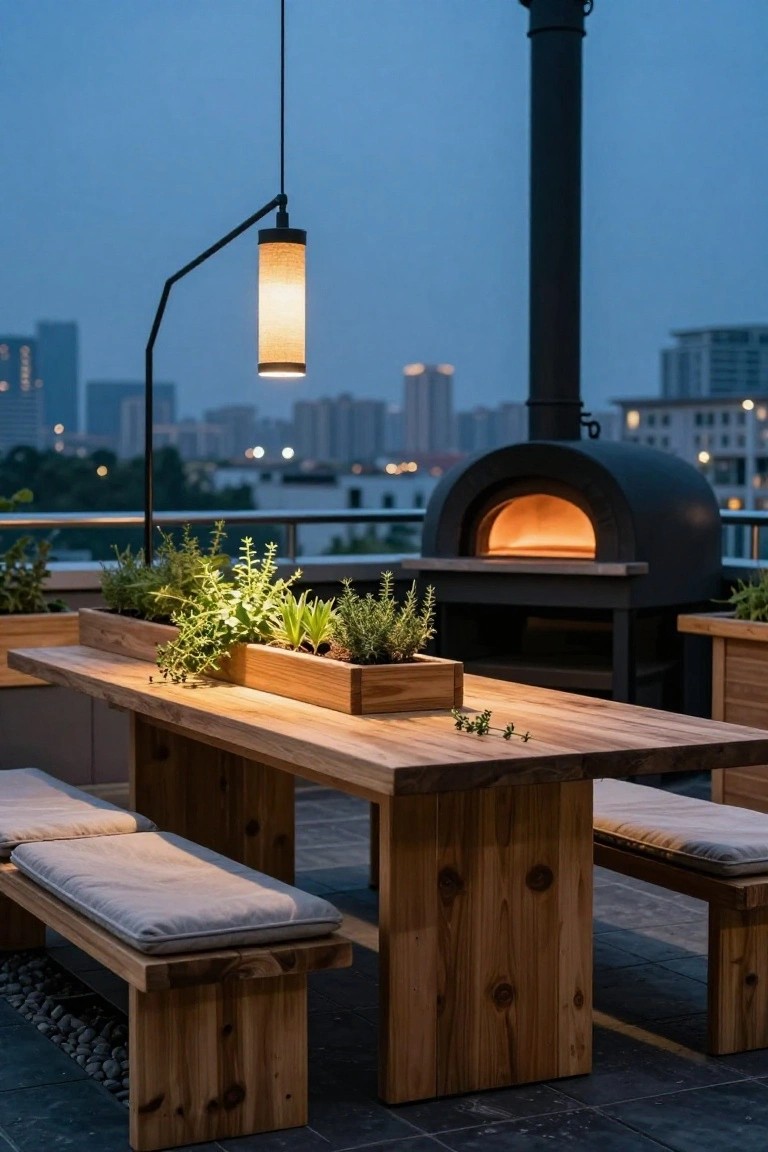 Rooftop terrace at dusk featuring a wooden dining table with benches, potted herbs in wooden planters, curved black pendant lamp with fabric shade, wood-fired pizza oven, and city skyline in the background.